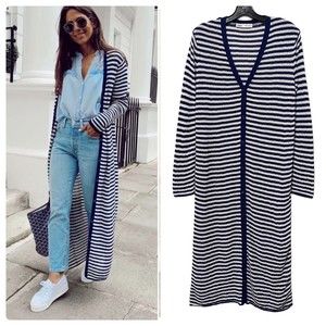 Zara Blue White Striped Knitted Long Maxi Cardigan Sweater Jacket size M